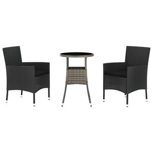 vidaXL Set bistro de grădină cu perne, 3 piese, negru, poliratan