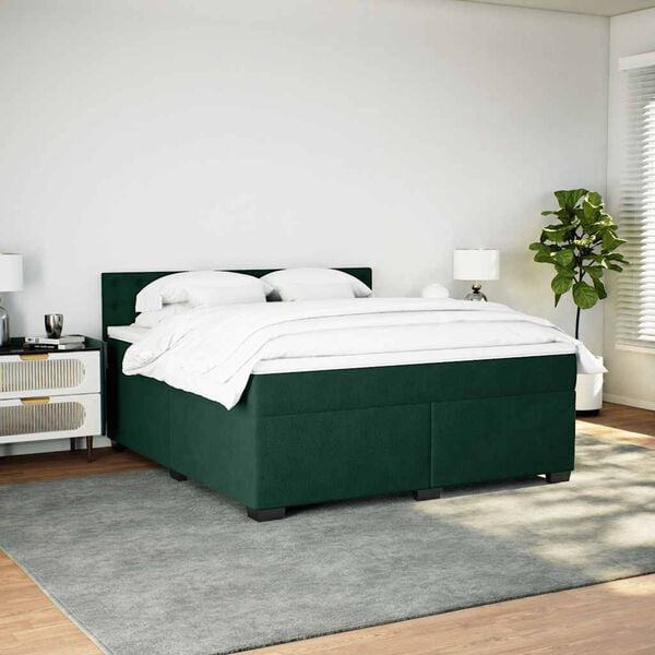 vidaXL Pat box spring cu saltea, verde &icirc;nchis, 200x200 cm, catifea