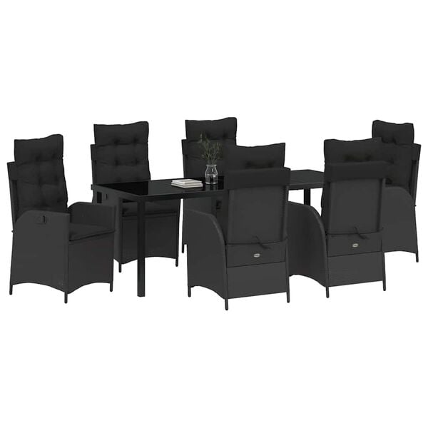 vidaXL Set de masă pentru grădină cu pernă 7 pcs Negru poliratan
