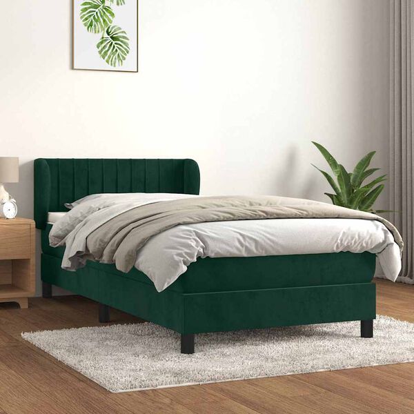 vidaXL Pat box spring cu saltea, verde &icirc;nchis, 90x200 cm, catifea
