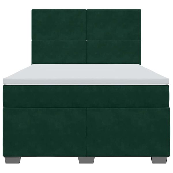 vidaXL Pat box spring cu saltea, verde &icirc;nchis, 140x190 cm, catifea
