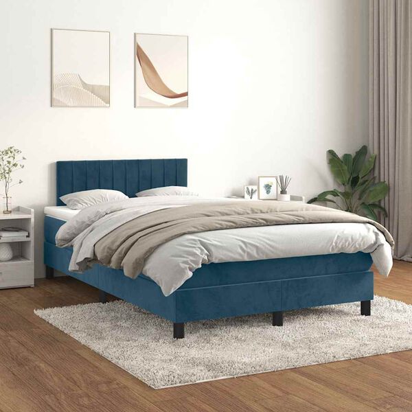 vidaXL Pat box spring cu saltea, albastru &icirc;nchis, 120x200 cm, catifea