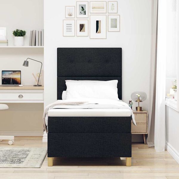 vidaXL Pat cu arcuri cu saltea cu headboard Negru 90 x 200 cm țesătură