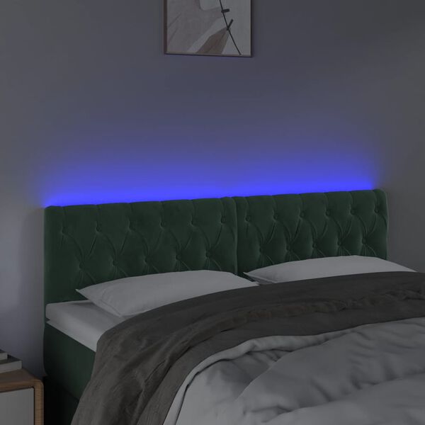 vidaXL Tăblie de pat cu LED, verde &icirc;nchis, 160x7x78/88 cm, catifea