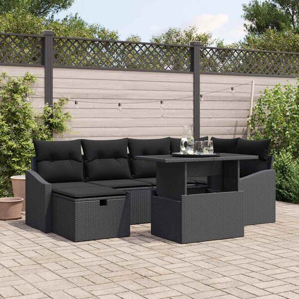 vidaXL Set de canapele pentru grădină cu pernă 7 pcs Negru Rattan poli