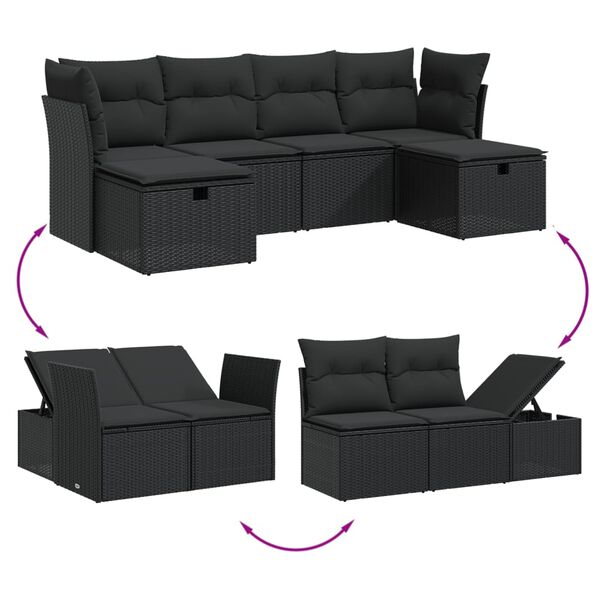 vidaXL Set mobilier de grădină cu perne, 6 piese, negru, poliratan