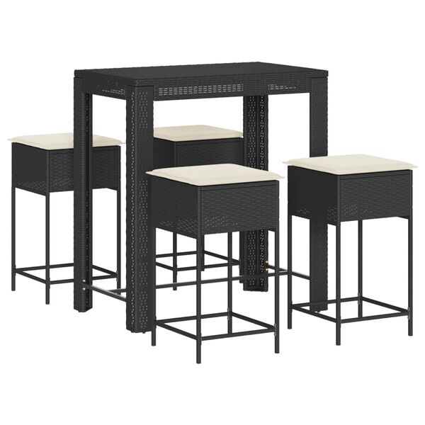 vidaXL Set mobilier bar de grădină cu perne, 5 piese, negru, poliratan