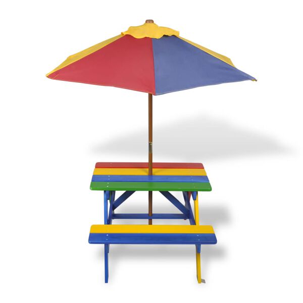vidaXL Masă de picnic pentru copii cu bănci și umbrelă, lemn multicolor