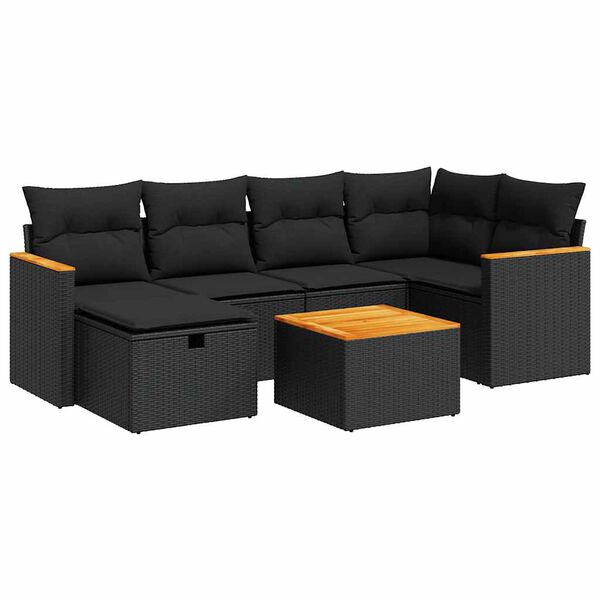 vidaXL Set canapele de grădină cu perne, 7 piese, negru, poliratan