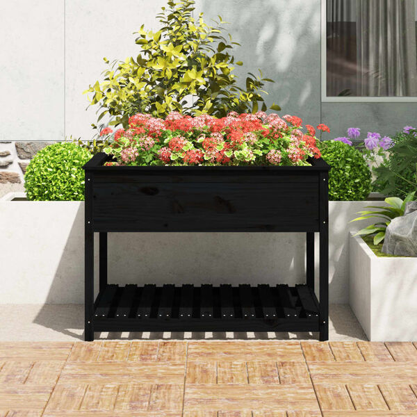 vidaXL Jardinieră cu raft, negru, 111,5x111,5x81 cm, lemn masiv de pin