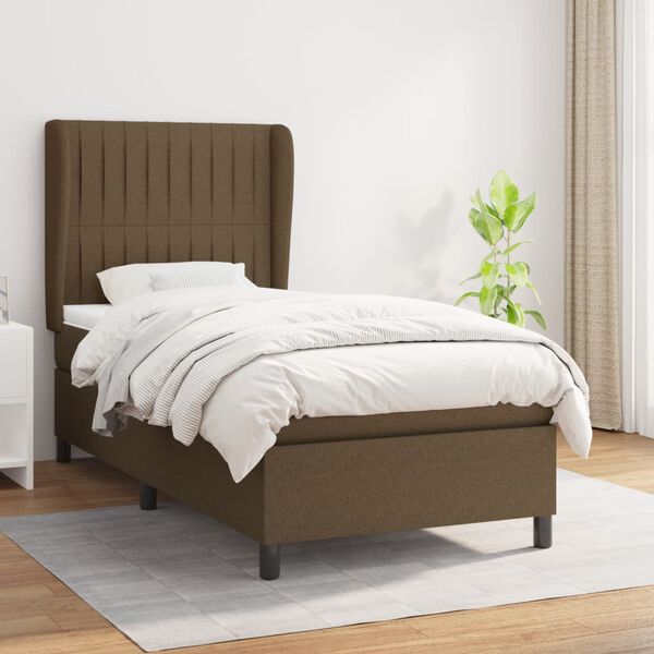 vidaXL Pat box spring cu saltea, maro &icirc;nchis, 90x190 cm, textil
