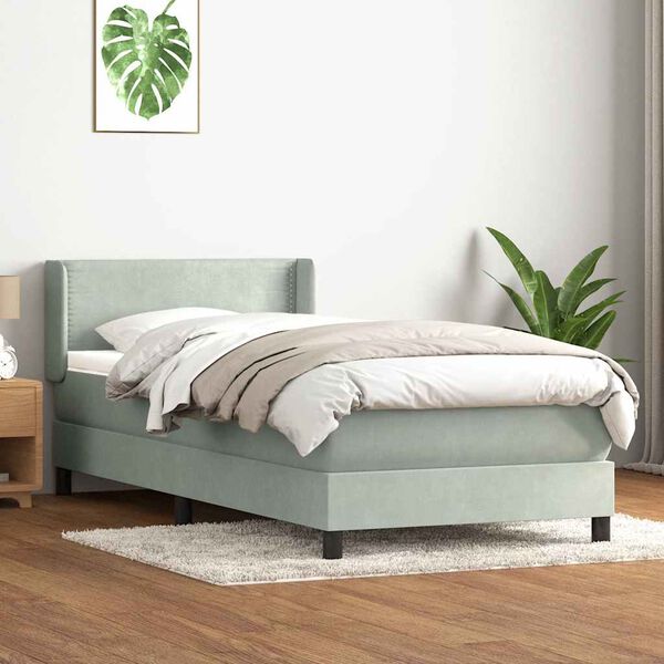 vidaXL Pat box spring cu saltea, gri deschis, 90x220 cm, catifea