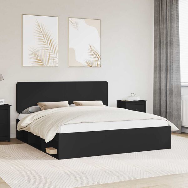 vidaXL Cadru de pat cu headboard Negru 200 x 200 cm Lemn de pin masiv
