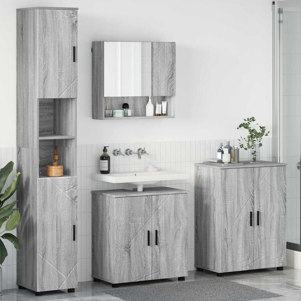 vidaXL Set de mobilier pentru baie Pe perete cu ușă 4 pcs Gri Sonoma