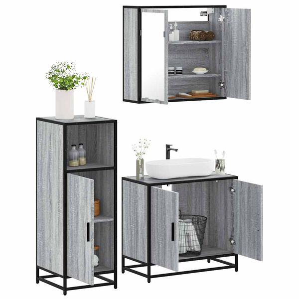 vidaXL Set mobilier de baie, 3 piese, gri sonoma, lemn prelucrat