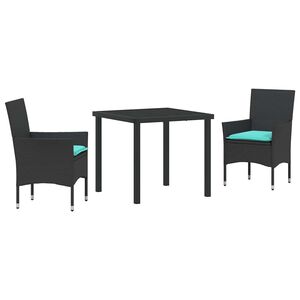 vidaXL Set de masă și scaune cu pernă 3 pcs Negru Ratan PE