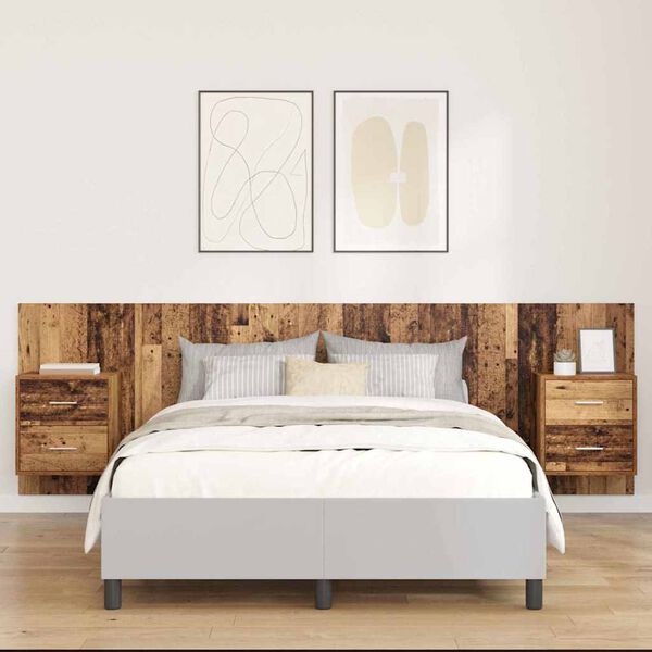 vidaXL Tăblie cu Noptieră cu sertar 3 pcs Lemn Vechi Lemn compozit