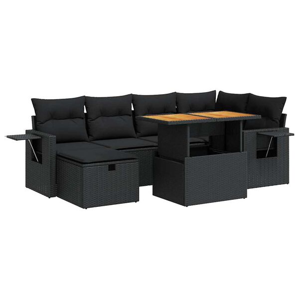 vidaXL Set mobilier grădină perne 8 piese negru, poliratan/lemn acacia