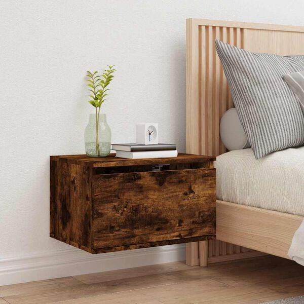 vidaXL Noptieră montată pe perete cu lumini LED, stejar fumuriu