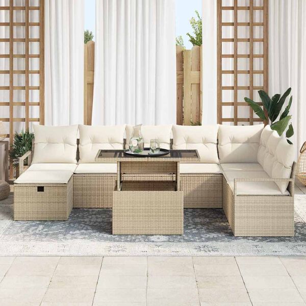 vidaXL Set de canapele pentru grădină cu pernă 9 pcs Bej Rattan poli