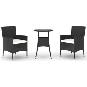 vidaXL Set bistro de grădină cu perne, 3 piese, negru, poliratan