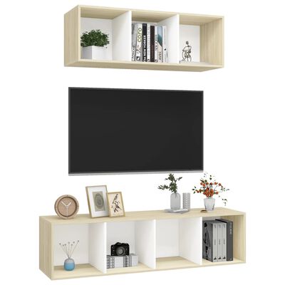 vidaXL Set dulapuri TV, 2 piese, alb și stejar sonoma, lemn prelucrat