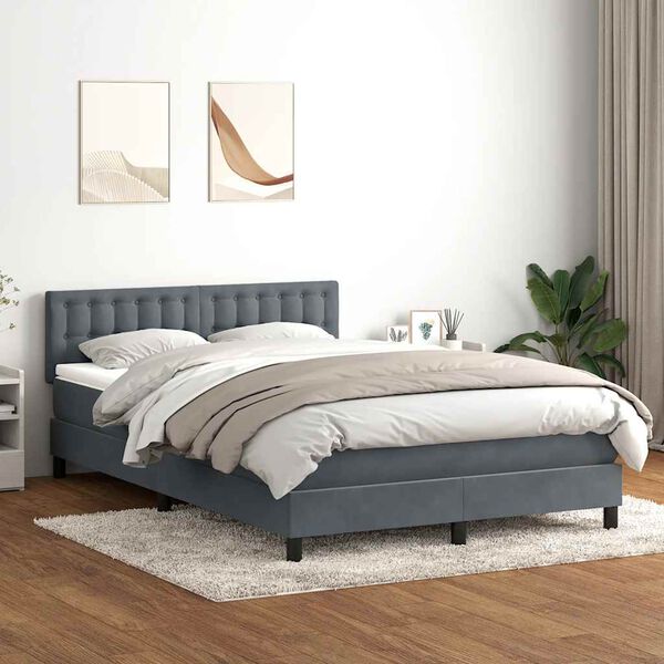 vidaXL Pat box spring cu saltea, gri &icirc;nchis, 140x220 cm, catifea