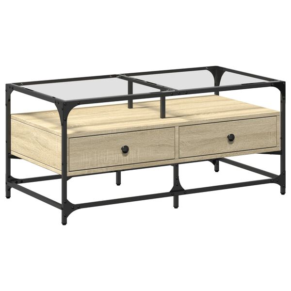 vidaXL Măsuță cafea cu blat din sticlă stejar sonoma 98,5x50x45cm oțel