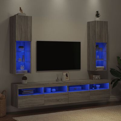 vidaXL Comode TV cu lumini LED, 2 buc., gri sonoma, 30,5x30x102 cm