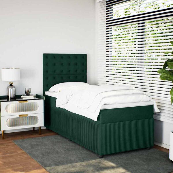 vidaXL Pat box spring cu saltea, verde &icirc;nchis, 90x200 cm, catifea