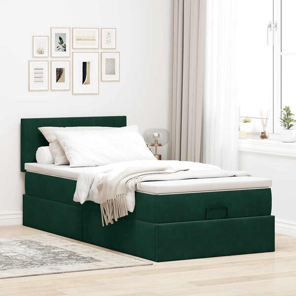 vidaXL Cadru de pat otoman cu saltea verde &icirc;nchis 90x190cm catifea