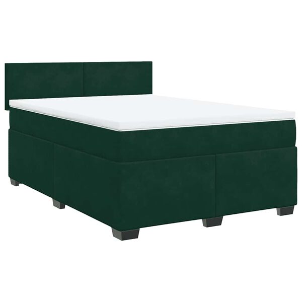 vidaXL Pat box spring cu saltea, verde &icirc;nchis, 140x200 cm, catifea
