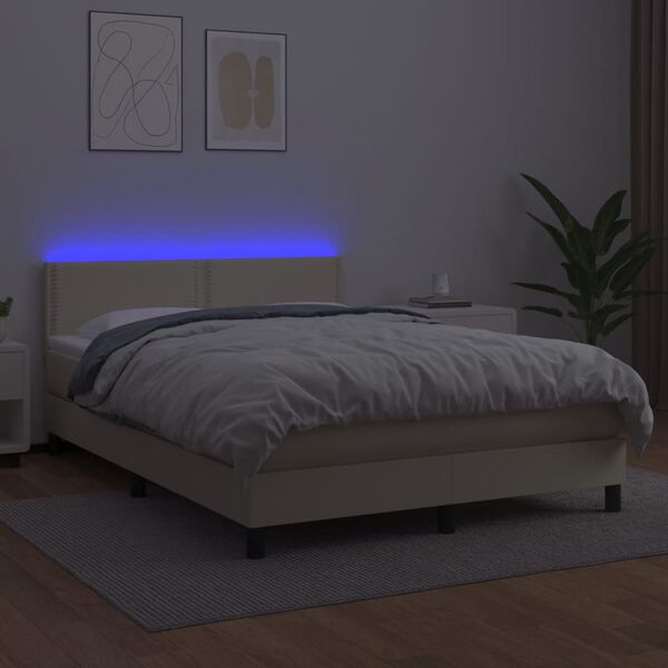 vidaXL Pat cu arcuri, cu saltea & LED, crem, 140x190 cm, piele eco