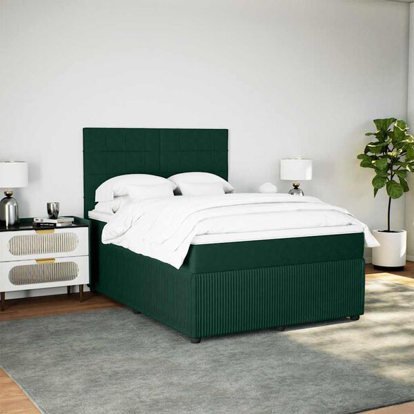 vidaXL Pat box spring cu saltea, verde &icirc;nchis, 140x190 cm, catifea
