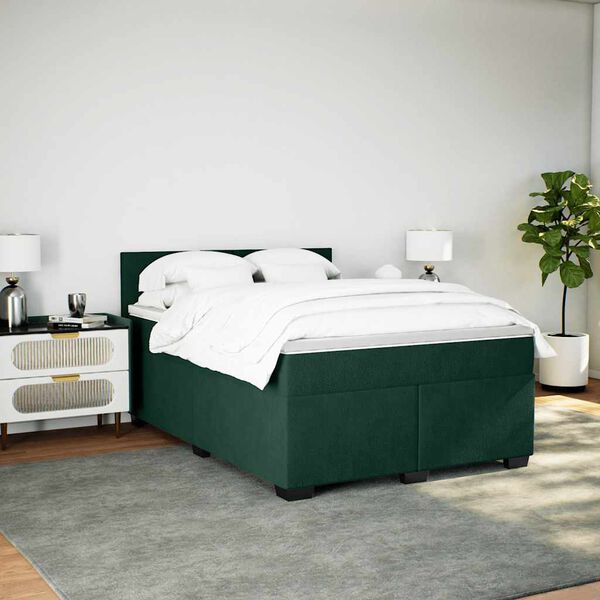 vidaXL Pat box spring cu saltea, verde &icirc;nchis, 140x190 cm, catifea