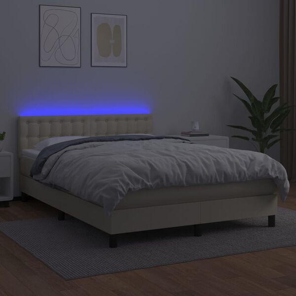 vidaXL Pat cu arcuri, cu saltea & LED, crem, 140x190 cm, piele eco