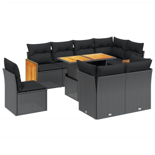 vidaXL Set mobilier de grădină cu perne, 9 piese, negru, poliratan