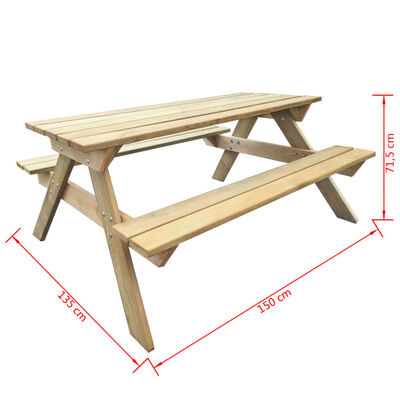vidaXL Masă de picnic, 150 x 135 x 71,5 cm, lemn