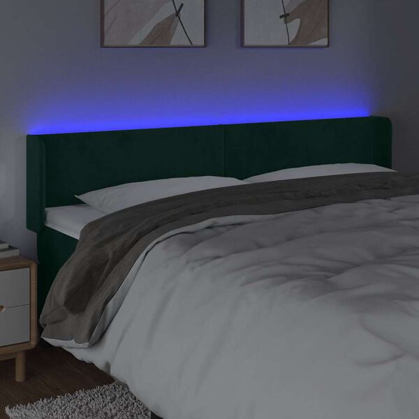 vidaXL Tăblie de pat cu LED, verde &icirc;nchis, 163x16x78/88 cm, catifea