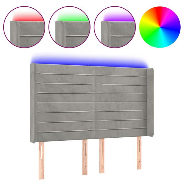 vidaXL Tăblie de pat cu LED, gri deschis, 147x16x118/128 cm, catifea