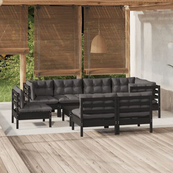 vidaXL Set mobilier grădină cu perne, 9 piese, negru, lemn masiv pin