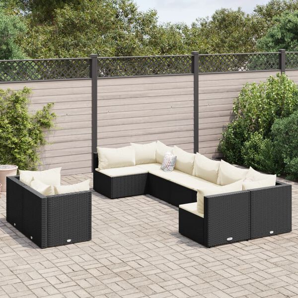 vidaXL Set mobilier de grădină cu perne, 9 piese, negru, poliratan