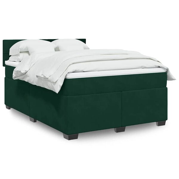 vidaXL Pat box spring cu saltea, verde &icirc;nchis, 140x200 cm, catifea