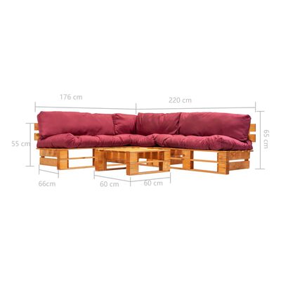 vidaXL Set mobilier grădină din paleți cu perne roșii, 4 piese, lemn