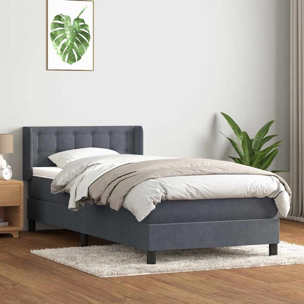 vidaXL Pat box spring cu saltea, gri &icirc;nchis, 100x210 cm, catifea