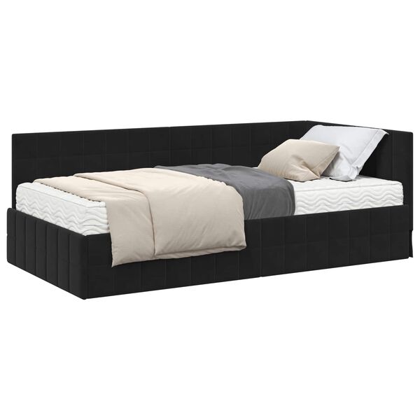 vidaXL Cadru de pat colțar cu saltea cu headboard 2 pcs Negru Catifea