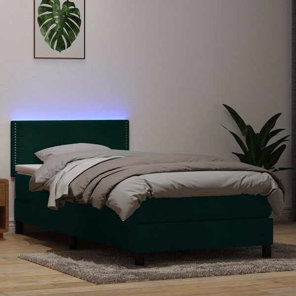vidaXL Pat cu arcuri cu saltea și LED, verde &icirc;nchis, 100x210 cm, catifea