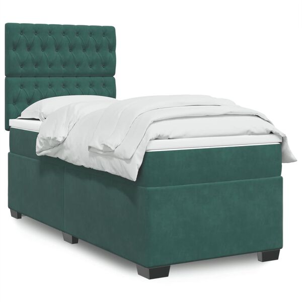 vidaXL Pat box spring cu saltea, verde &icirc;nchis, 90x200 cm, catifea