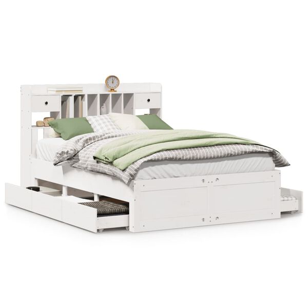 vidaXL Pat cu bibliotecă fără saltea, alb, 140x190 cm, lemn masiv pin