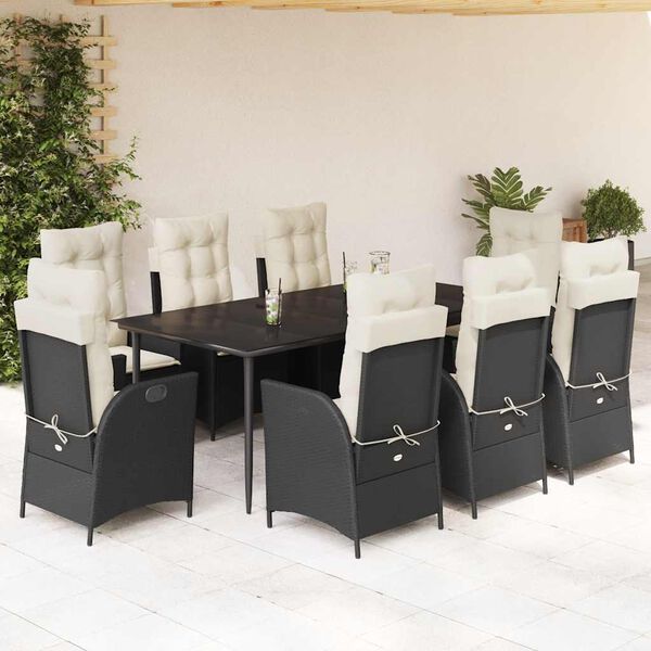 vidaXL Set mobilier de grădină cu perne, 9 piese, negru, poliratan